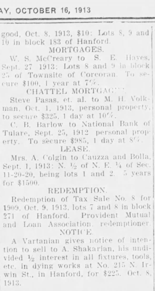 Clipping from Hanford Kings County Sentinel